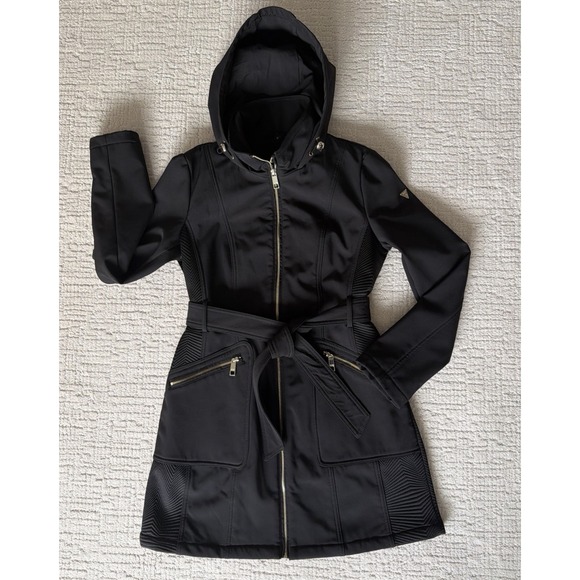 Guess Soft shell Black Women's Lightweight Hooded Jacket With Belt  Size M - Picture 11 of 16